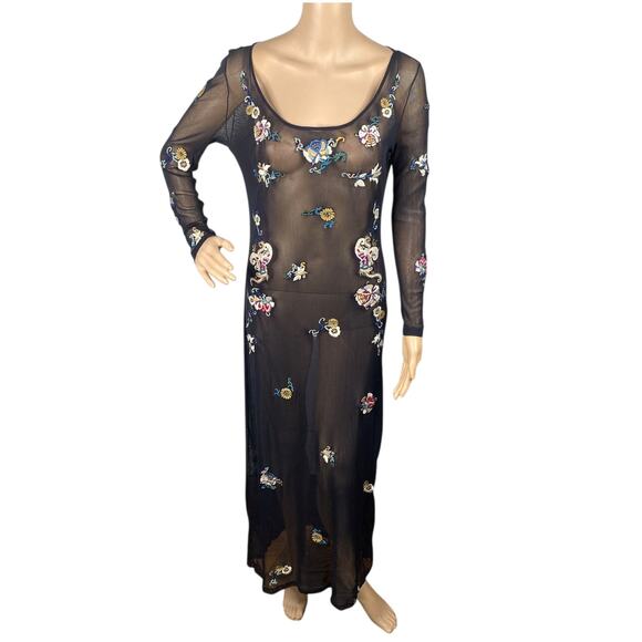 Vivienne Tam Vtg 90s RARE Black Mesh Floral Embroidered Maxi Dress SZ 2/S - Picture 1 of 10